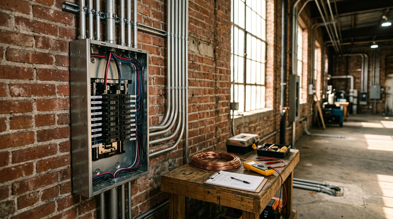 Professional electrician installing commercial electrical panel in Tampa Bay office building