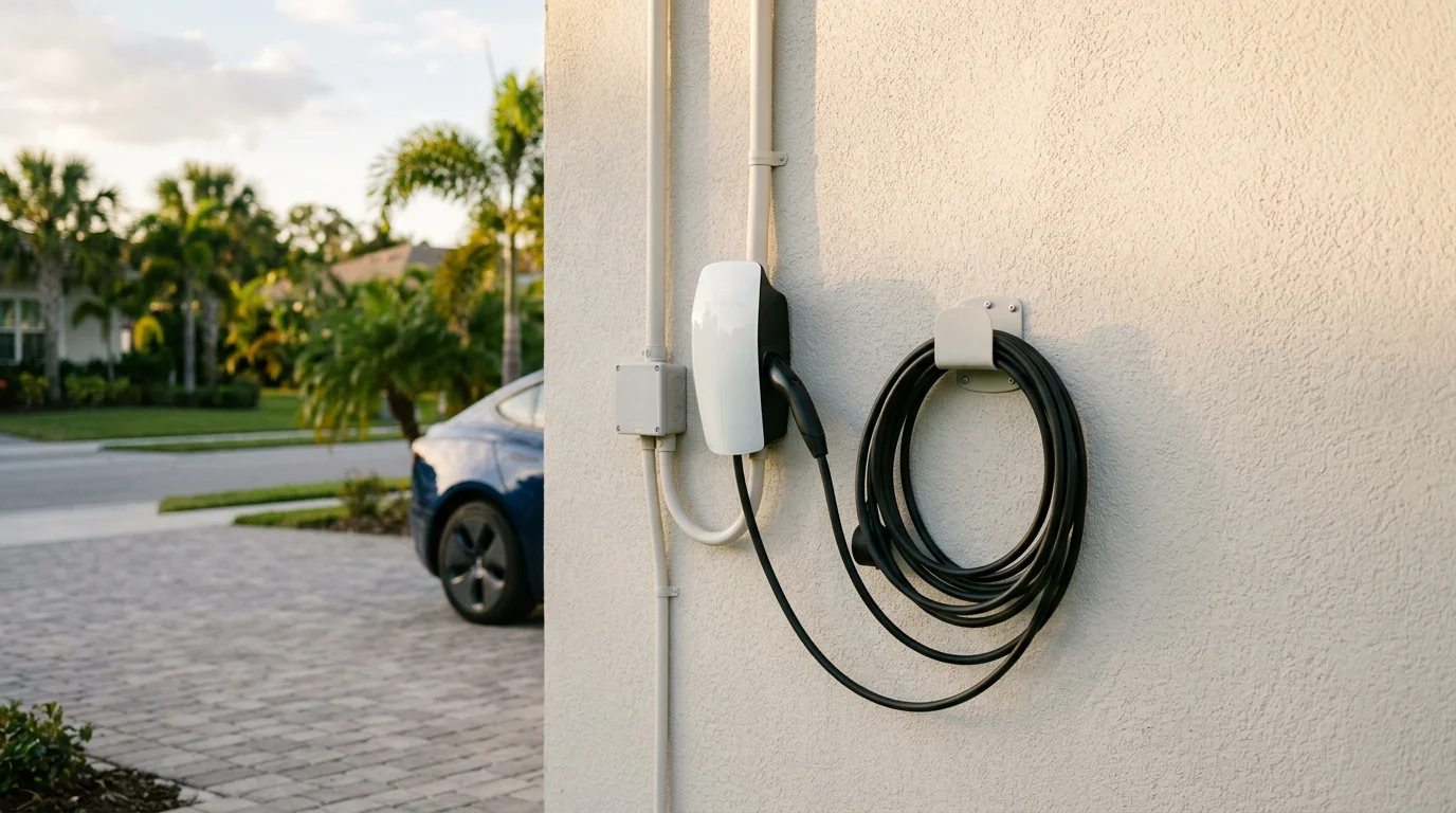 Professional electrician installing a wall-mounted EV charger in a modern Tampa Bay garage