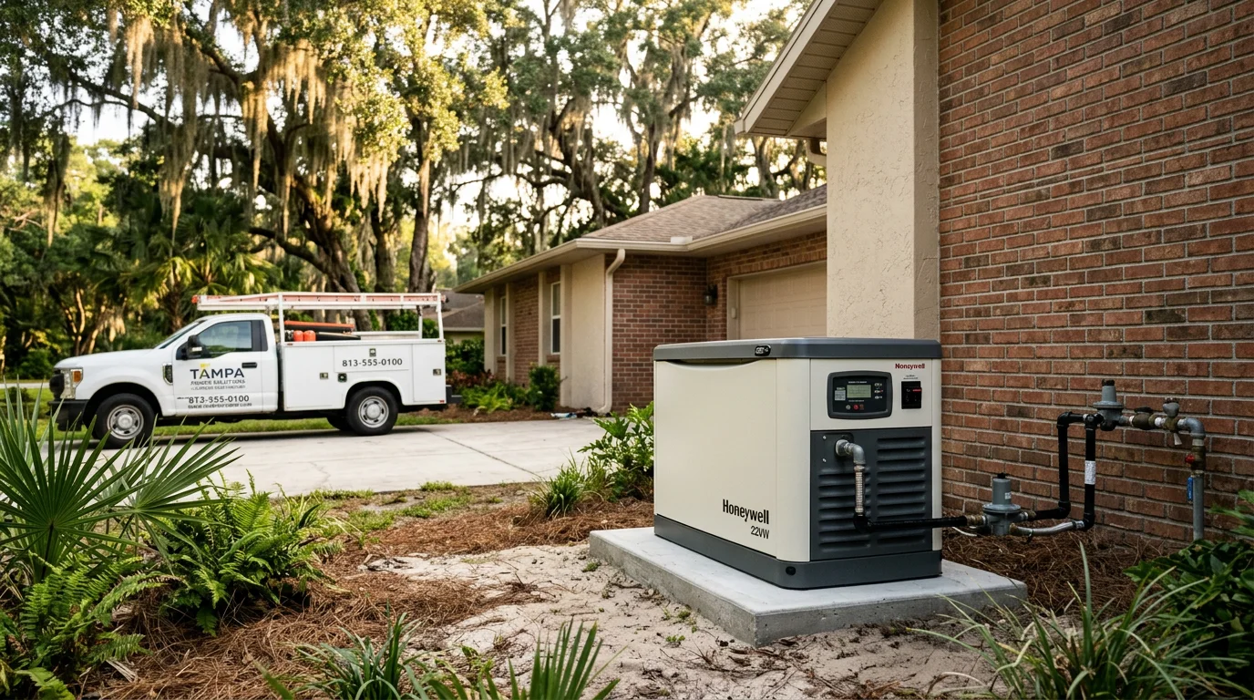 Professional generator installation technician working on a residential backup power system in Tampa Bay