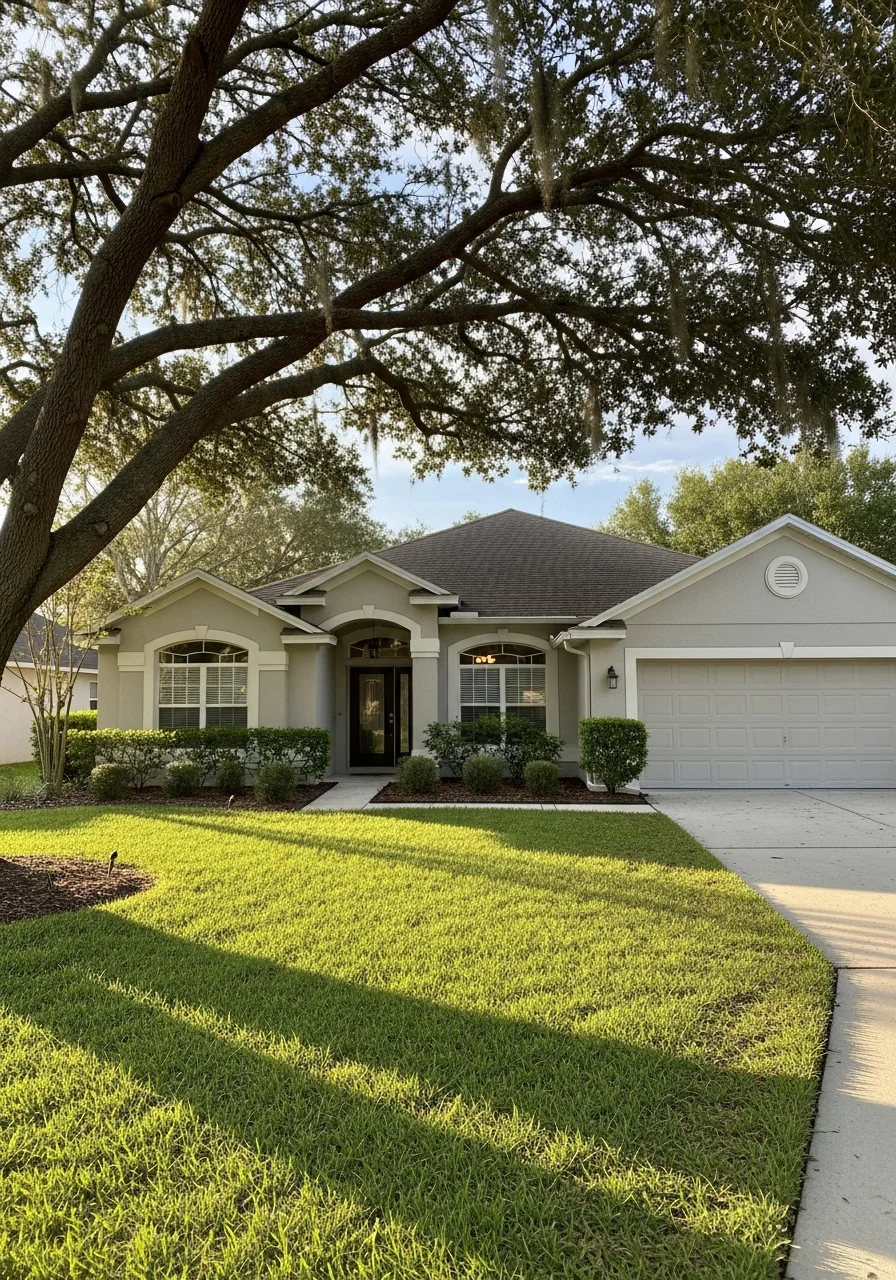 Portrait-style image of a Pasco County home exterior with quality finishes and well-maintained grounds.
