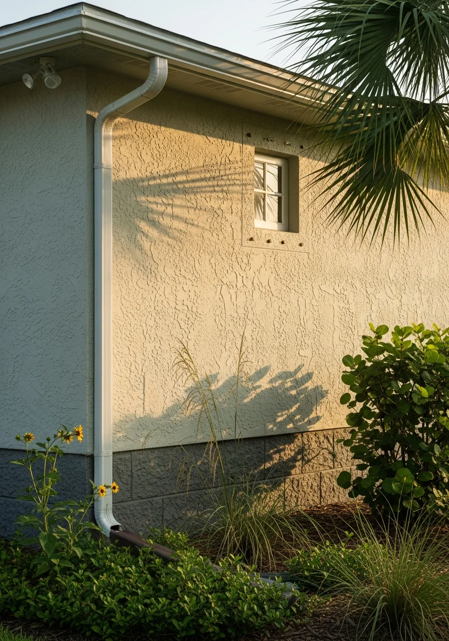 Detail shot of a well-maintained coastal property exterior showing durability against salt air and humidity.