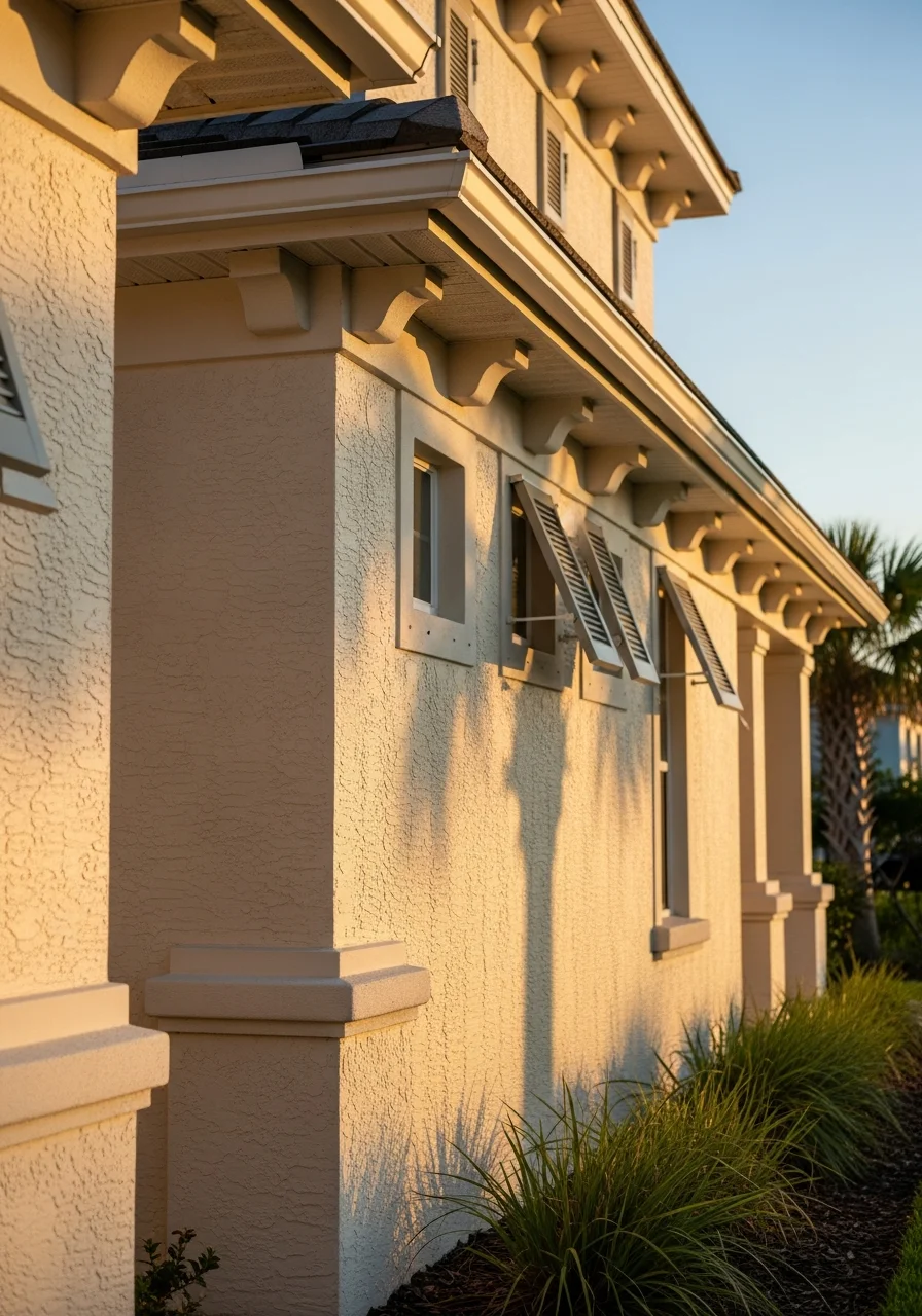 Detail of a Sarasota home exterior showing quality finishes and durability against coastal weather conditions.