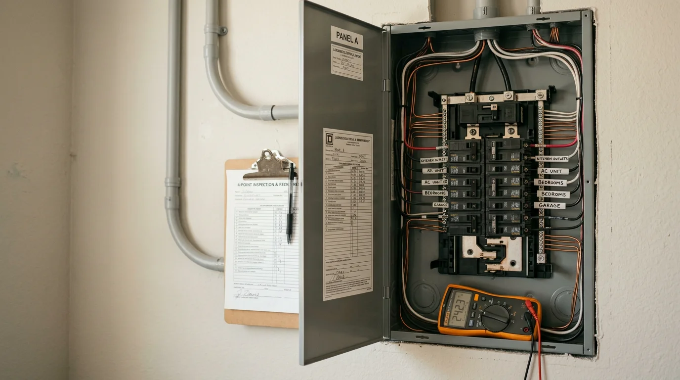 A residential electrical panel in a Hillsborough County home being inspected and repaired by an electrician from Evolve Power & Electric Tampa Bay. The panel cover is open, showing updated wiring and breakers corrected to meet 4-point inspection requirements.