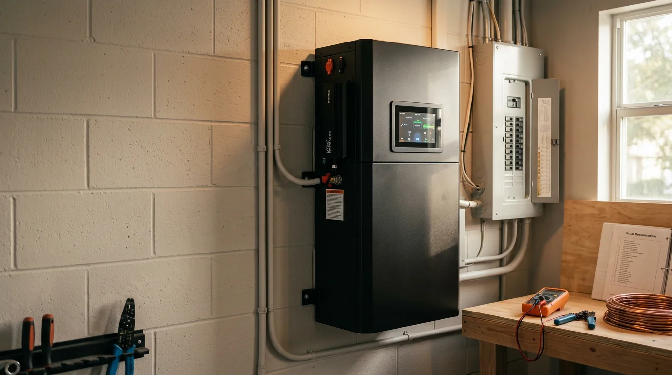 A wall-mounted battery backup system installed in a Hillsborough County home garage, connected to the electrical panel with clean conduit runs. The system is ready to supply power to essential home circuits during a grid outage.