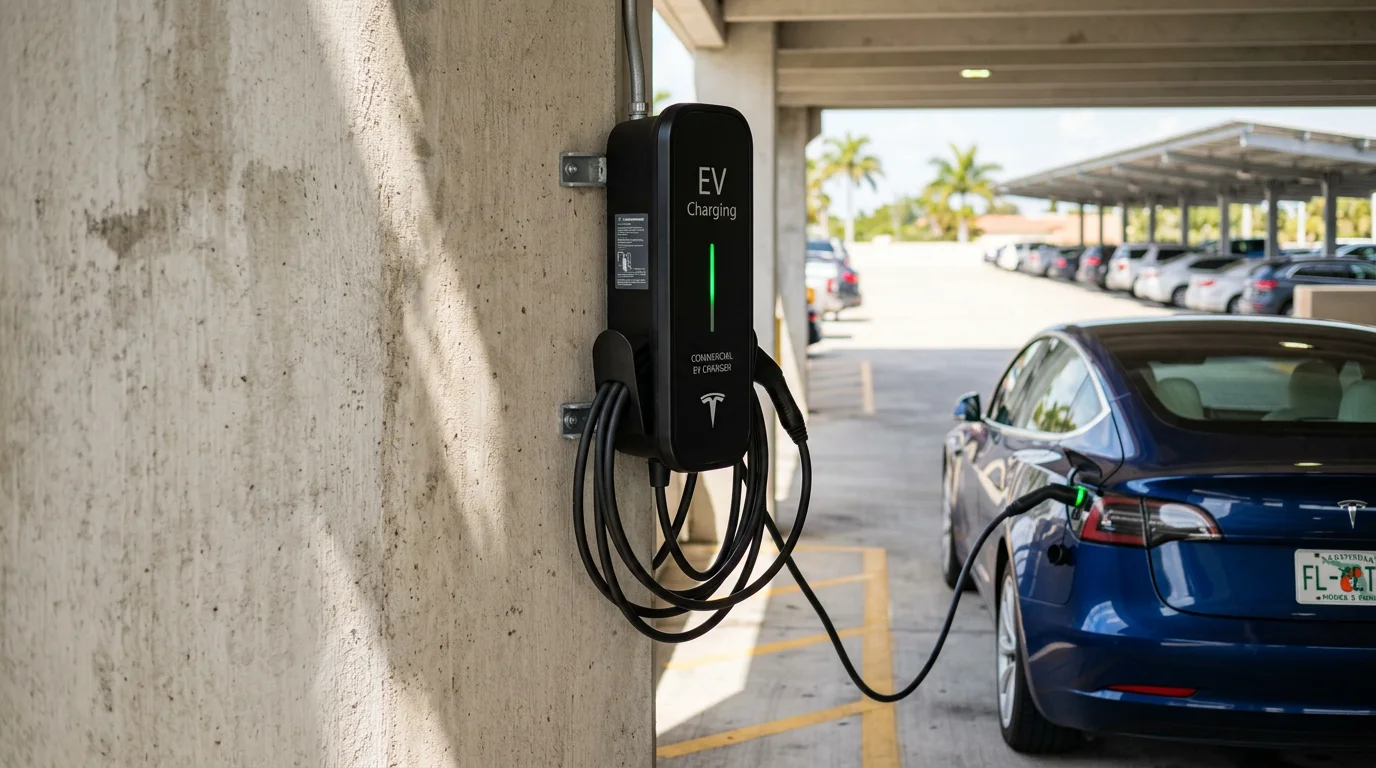 Commercial EV charging stations installed in a business parking lot in Hillsborough County, Florida. Multiple Level 2 chargers are mounted on pedestals with clearly marked EV parking spaces.