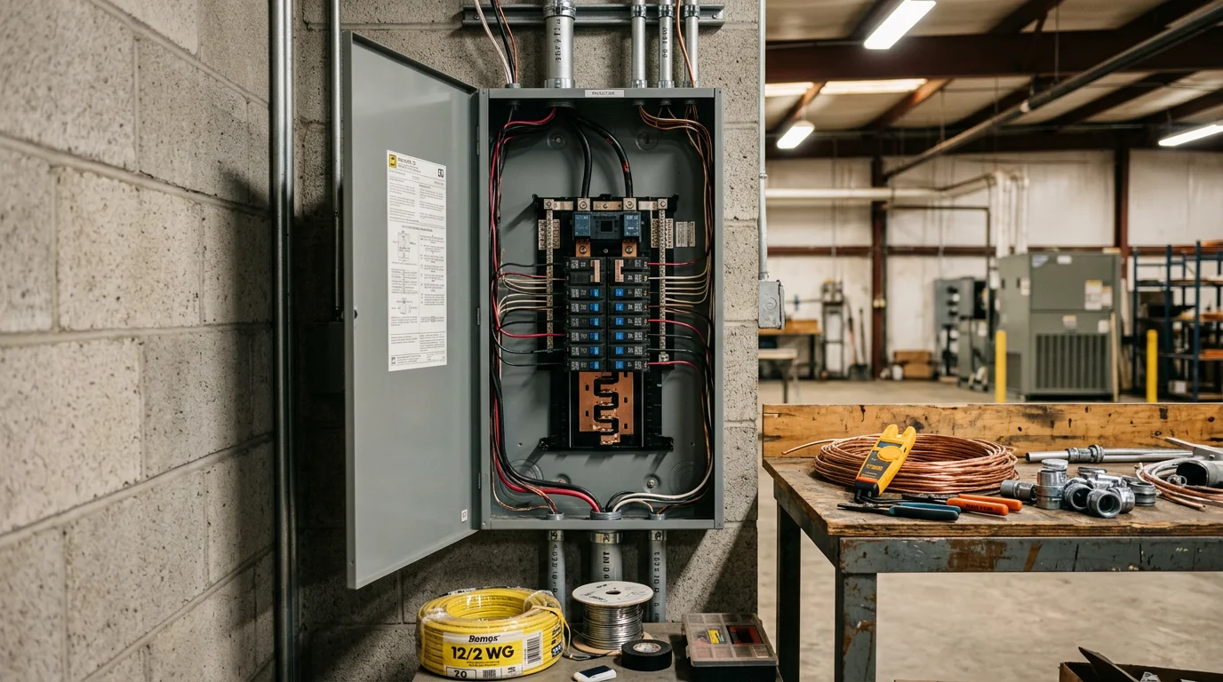 A newly installed commercial electrical panel with labeled breakers inside a Hillsborough County business facility. The panel shows organized wiring and spare circuit capacity sized for the building's current and future electrical load.