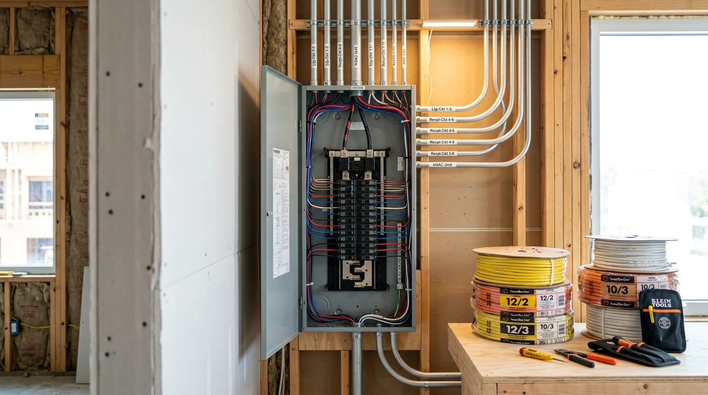Commercial electrician installing wiring inside a tenant build-out space in Hillsborough County, Florida. Exposed conduit and circuit runs visible in an unfinished commercial interior during rough-in phase.