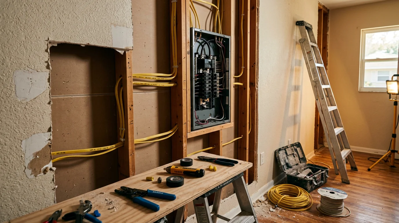 An electrician running new copper wiring through the wall cavity of an older Hillsborough County home during a full residential electrical rewire. Exposed wall framing shows new wiring replacing aged cloth-jacketed cables.