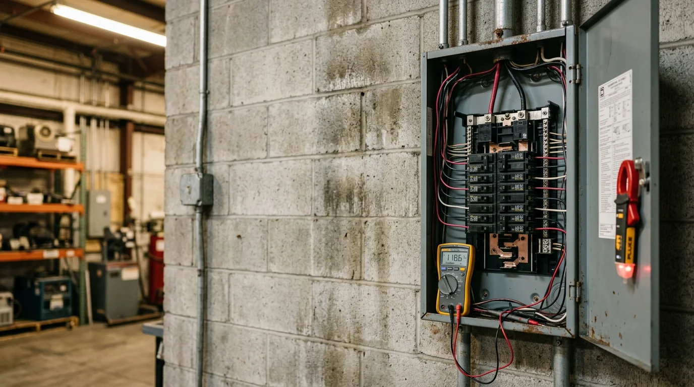 A commercial electrician from Evolve Power & Electric Tampa Bay inspecting a circuit breaker panel inside a commercial building in Hillsborough County, Florida. The panel cover is open and the technician is using a diagnostic tool to trace a wiring fault.