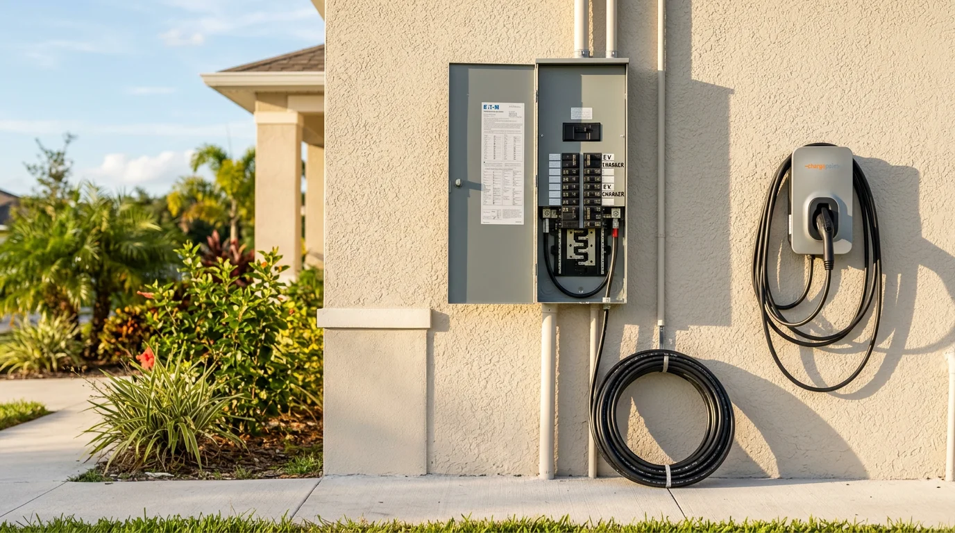 A Level 2 EV charging station mounted on the interior wall of a residential garage in Hillsborough County, Florida, with conduit running to an upgraded electrical panel. A late-model electric vehicle is plugged in and charging.