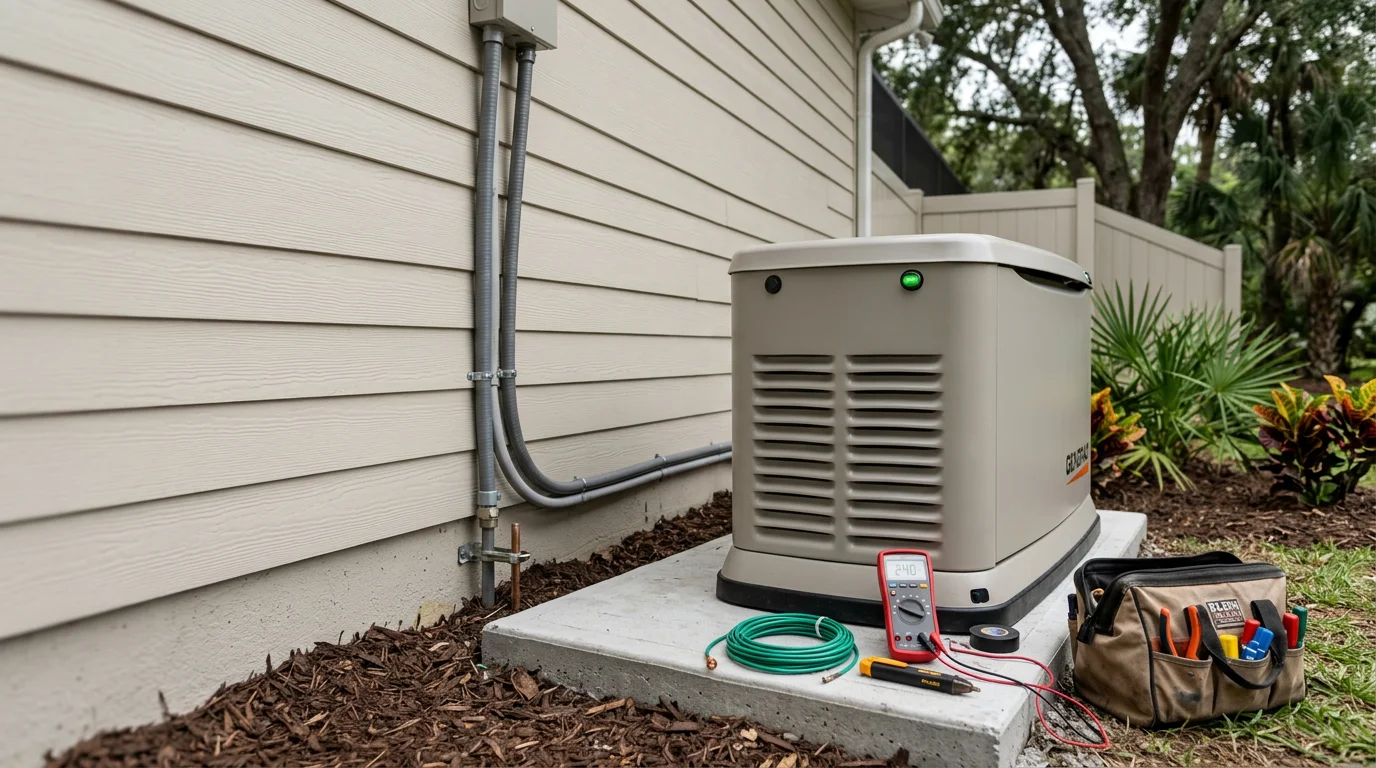 A standby generator installed beside a residential home in Hillsborough County, Florida, mounted on a concrete pad with proper clearances from the exterior wall. The unit is positioned in a yard typical of a Tampa Bay area single-family home.