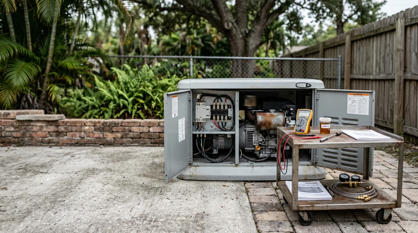 A standby home generator unit mounted on a concrete pad beside a residential home in Hillsborough County, Florida, with a technician inspecting the control panel and fuel connections during a maintenance visit.