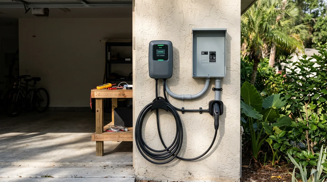 A Level 2 home EV charger mounted on the interior wall of a residential garage in Hillsborough County, Florida, with a dedicated 240-volt circuit and clean conduit run to the electrical panel.