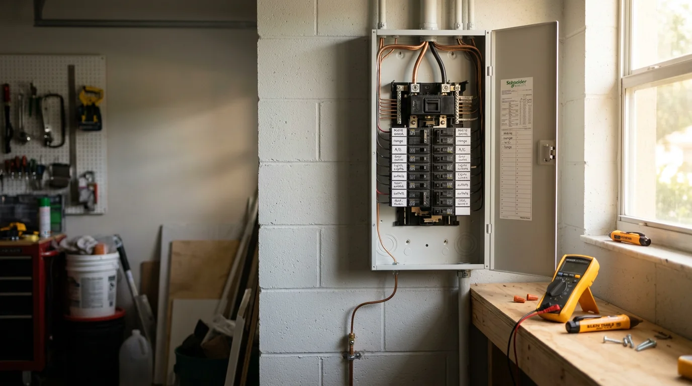 A newly installed residential main electrical panel mounted on an interior wall in a Hillsborough County home, showing organized circuit breakers and clean wiring. The upgraded panel replaces an older undersized unit to meet the home's modern electrical demands.
