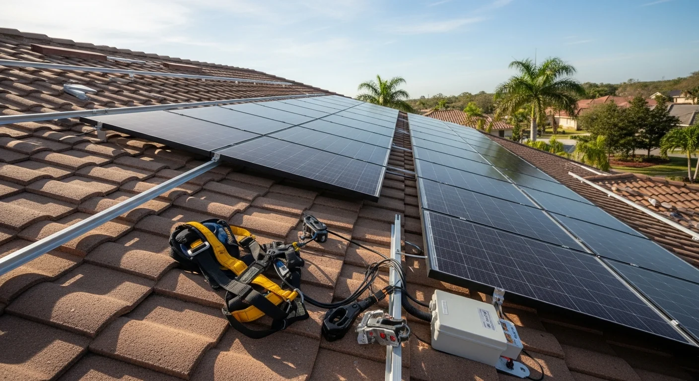 Residential rooftop solar panels installed on a single-family home in Hillsborough County, Florida, with clear blue sky overhead. The panels are flush-mounted on a shingle roof in a typical Tampa Bay area neighborhood.